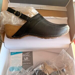 Dansko Woman’s Black Leather Clog-Sandal with Adjustable Strap